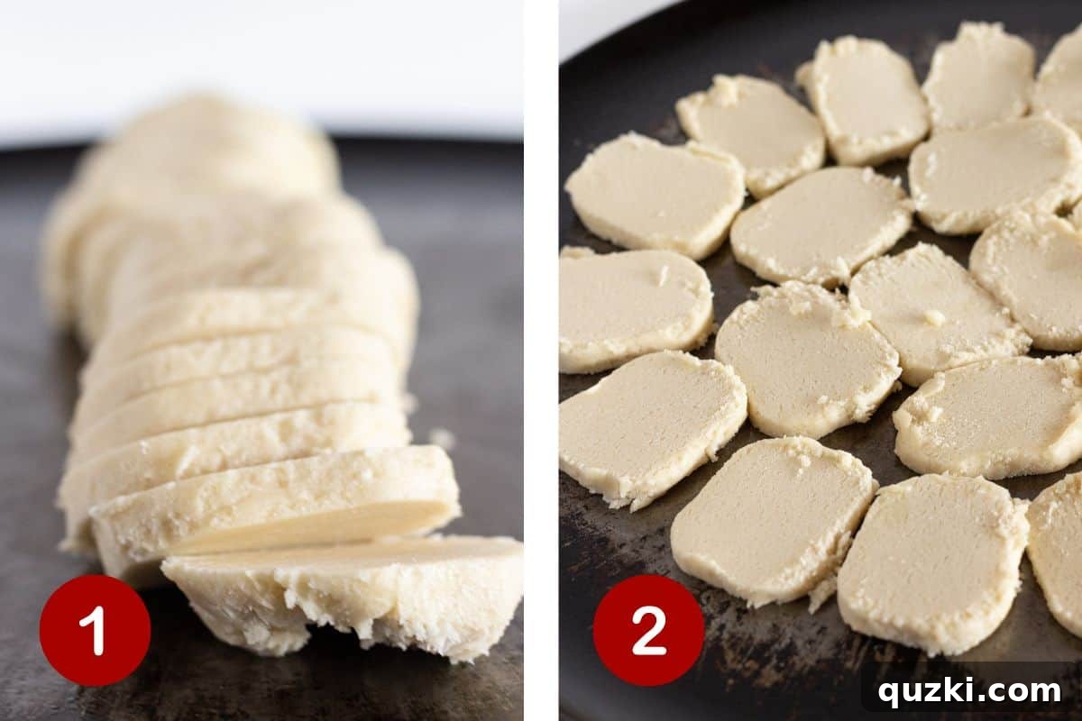 Star-Spangled Fruit Pizza Treat 4 Steps 1 and 2 of making a flag fruit pizza: first, slice the refrigerated sugar cookie dough; second, carefully place the slices on a baking sheet in a circular shape to form the base.