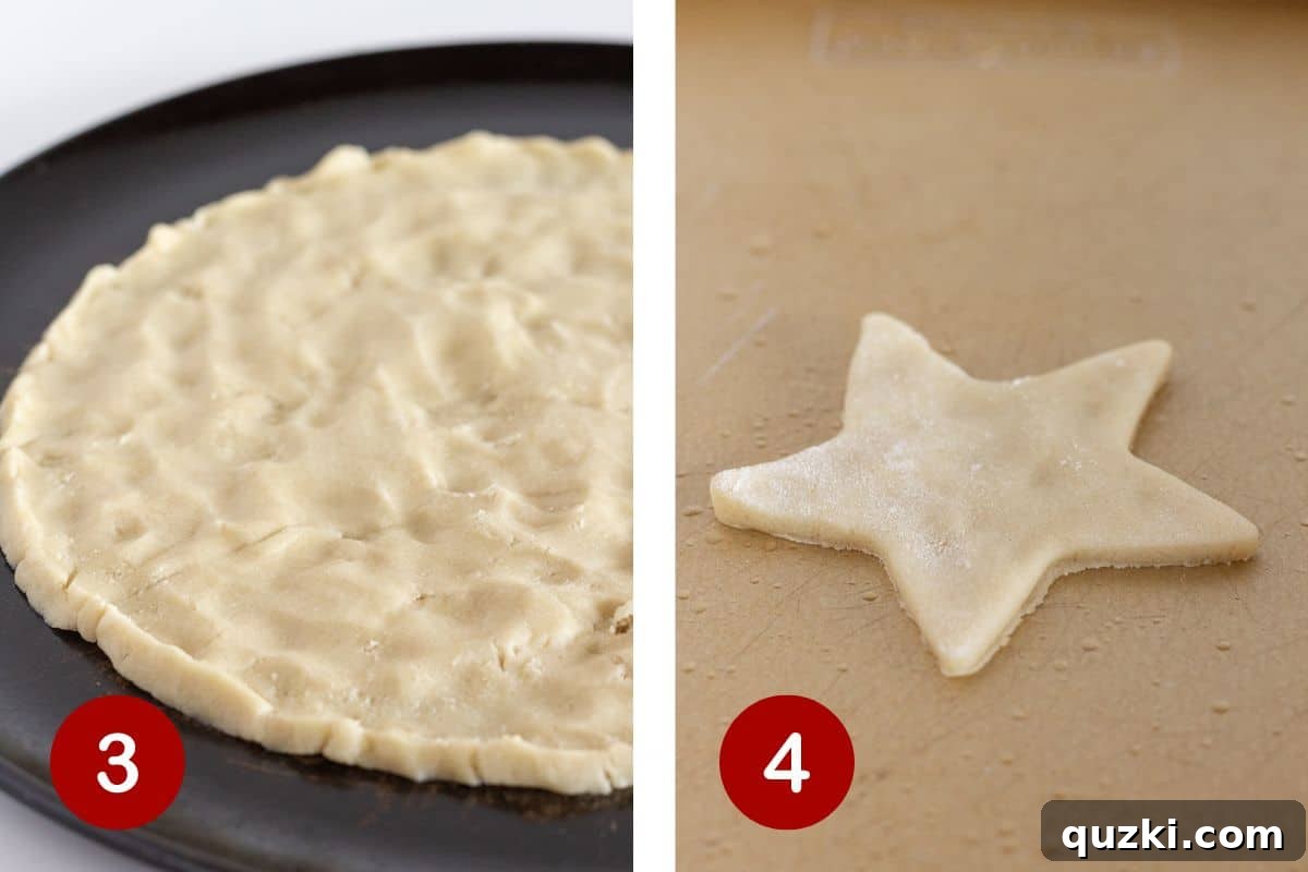 Star-Spangled Fruit Pizza Treat 5 Steps 3 and 4 of making a flag fruit pizza: first, press the cookie dough slices firmly into a solid, even circle; second, take the remaining dough, roll it out, and cut out a star shape.