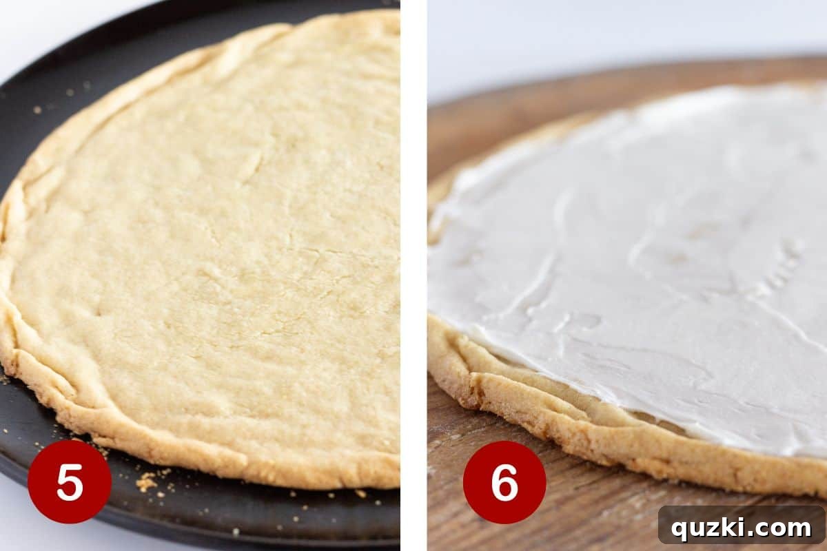 Star-Spangled Fruit Pizza Treat 6 Steps 5 and 6 of making a flag fruit pizza: first, bake the cookie dough crust until golden; second, top the cooled crust with a smooth, creamy layer of cheesecake frosting.