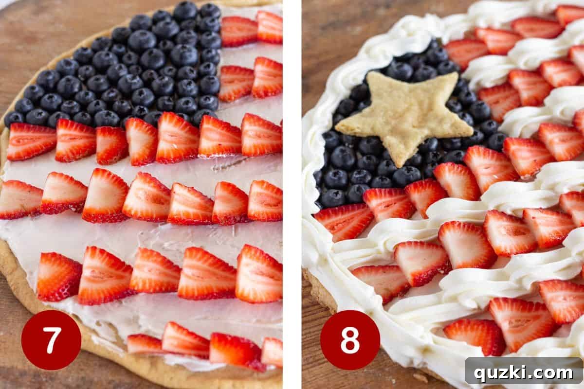Star-Spangled Fruit Pizza Treat 7 Steps 7 and 8 of making a flag fruit pizza: first, top the frosting with neatly sliced strawberries and blueberries arranged in a flag pattern; second, finish by piping remaining frosting for white stripes and adding the star cookie.