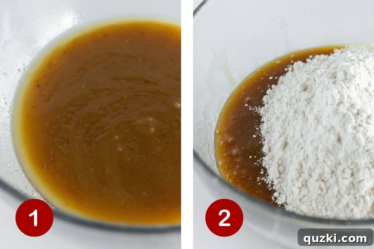 Irresistible Mini M&M Cookies 4 Steps 1 and 2 of making mini M&M cookies. The first image shows melted butter and sugars being mixed. The second image shows dry ingredients being added to the wet mixture.