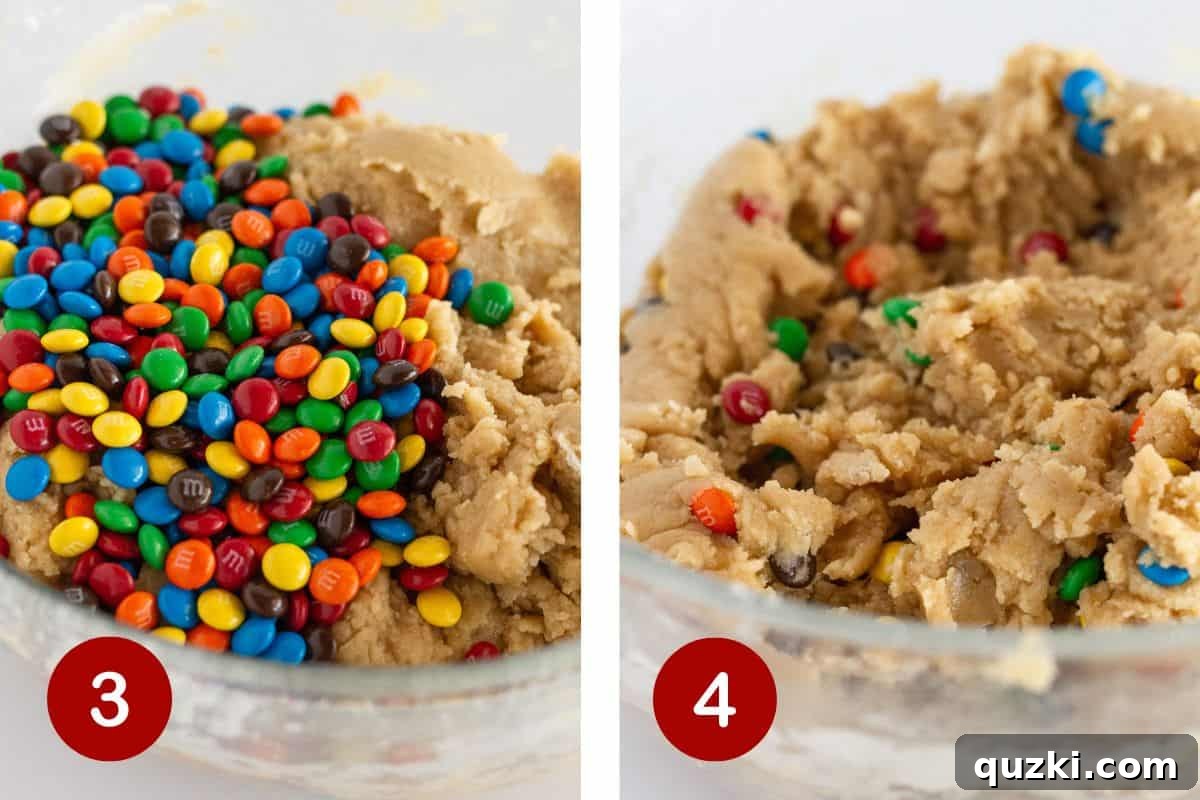 Irresistible Mini M&M Cookies 5 Steps 3 and 4 of making mini M&M cookies. The first image shows mini M&M's being added to the dough. The second image shows the M&M's being stirred into the dough until evenly distributed.