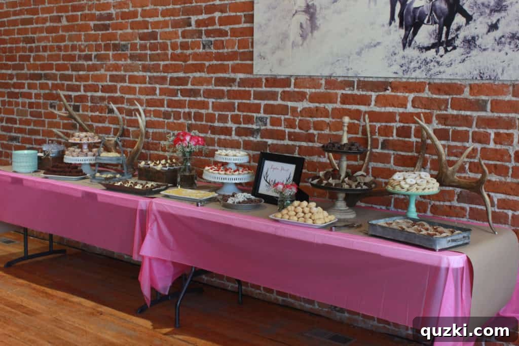 Host a Showstopping Dessert Buffet 4 Beautifully arranged dessert buffet table with varying heights and textures, featuring delightful treats and thoughtful decor.