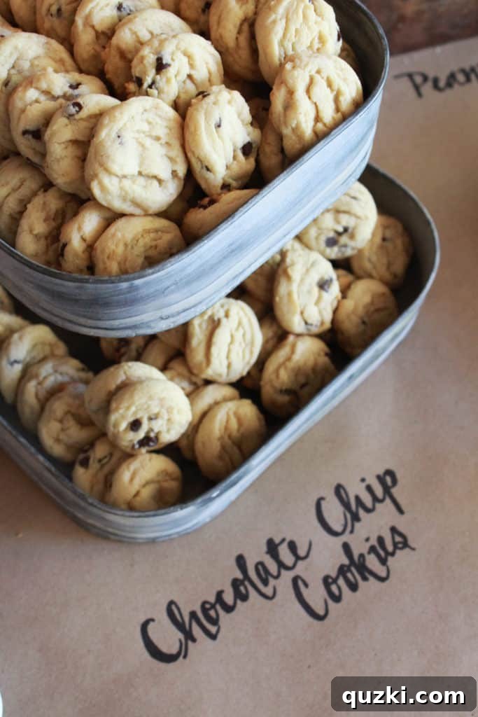 Host a Showstopping Dessert Buffet 10 Tray of mini chocolate chip cookies presented on a multi-tiered metal stand, perfect for bite-sized indulgence.