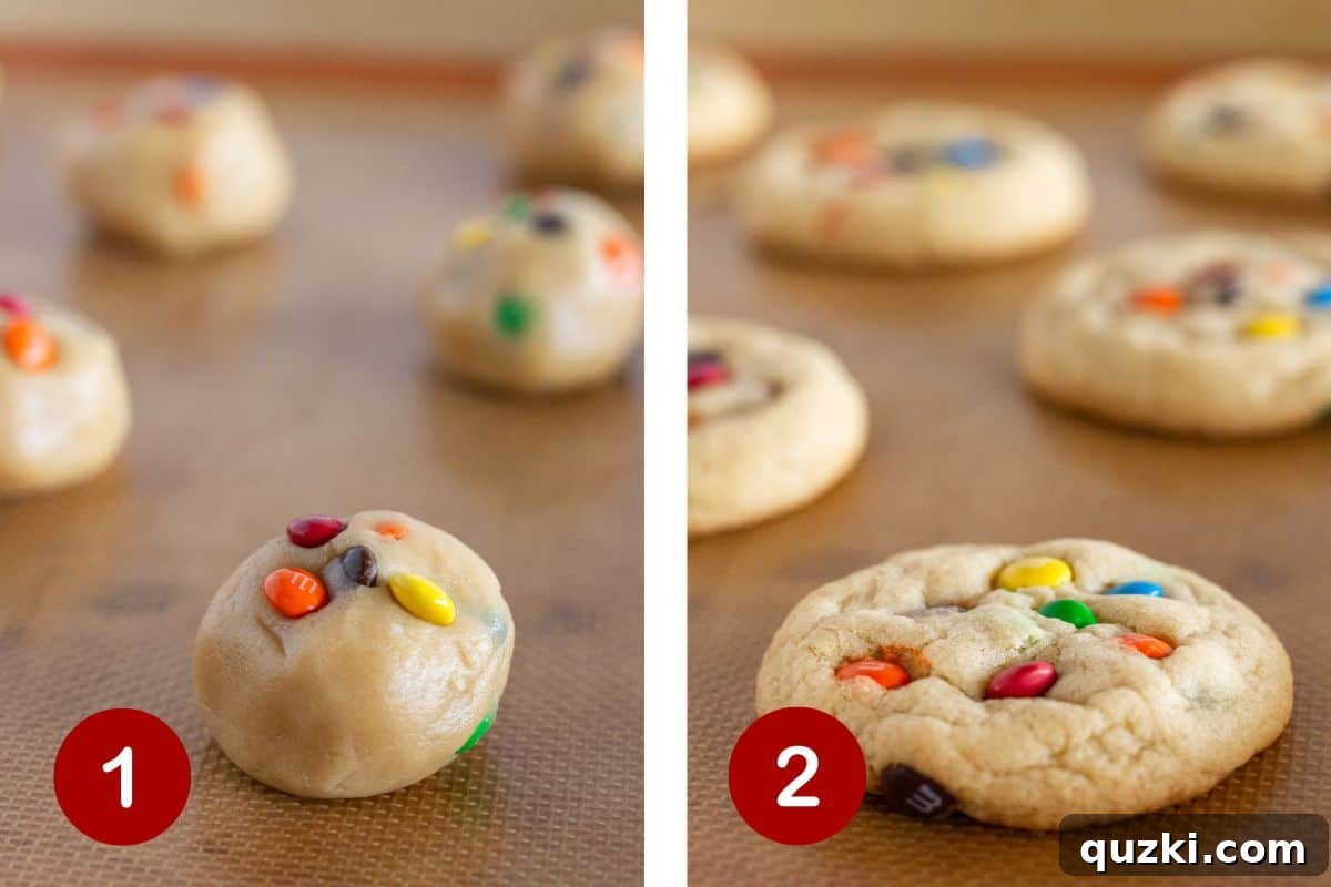 M&M Cookie Ice Cream Sandwiches From Scratch 4 The first two steps of making M&M ice cream sandwich cookies: a close-up of cookie dough being scooped onto a baking sheet, and baked cookies cooling on the sheet.