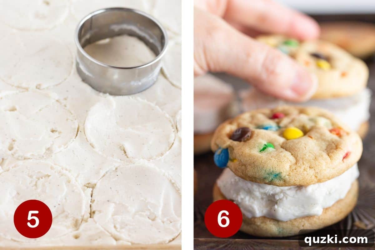 M&M Cookie Ice Cream Sandwiches From Scratch 6 The final steps of making M&M ice cream sandwiches: cutting out ice cream rounds with a cookie cutter, and then assembling the cookies with ice cream filling.