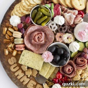 An overhead shot of a finished simple summer charcuterie board, beautifully arranged.