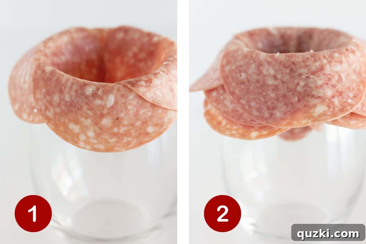 Steps 1 and 2 of making a rose with salami and a glass.