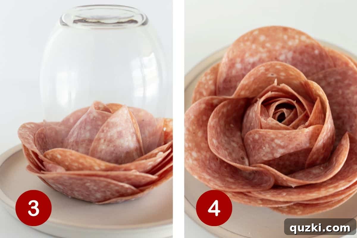 Steps 3 and 4 of making salami roses with a glass. Turning over the glass and removing it.