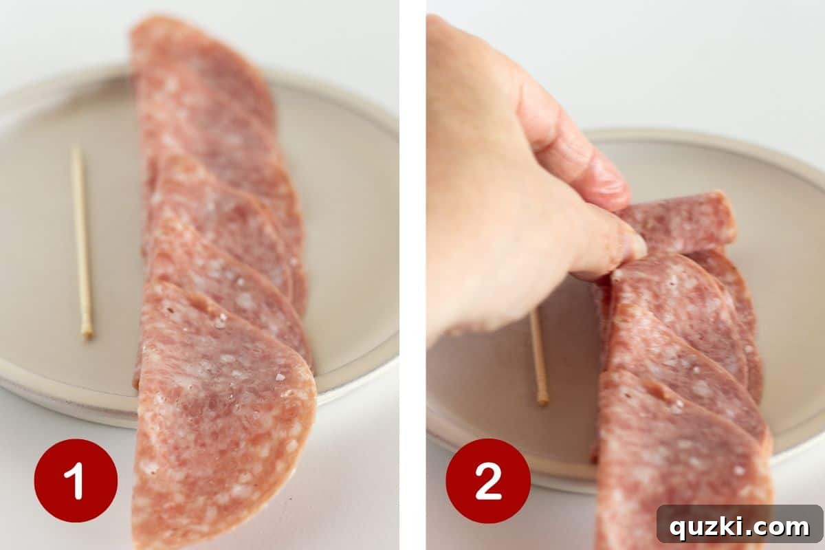 Steps 1 and 2 of rolling salami to make a rose.