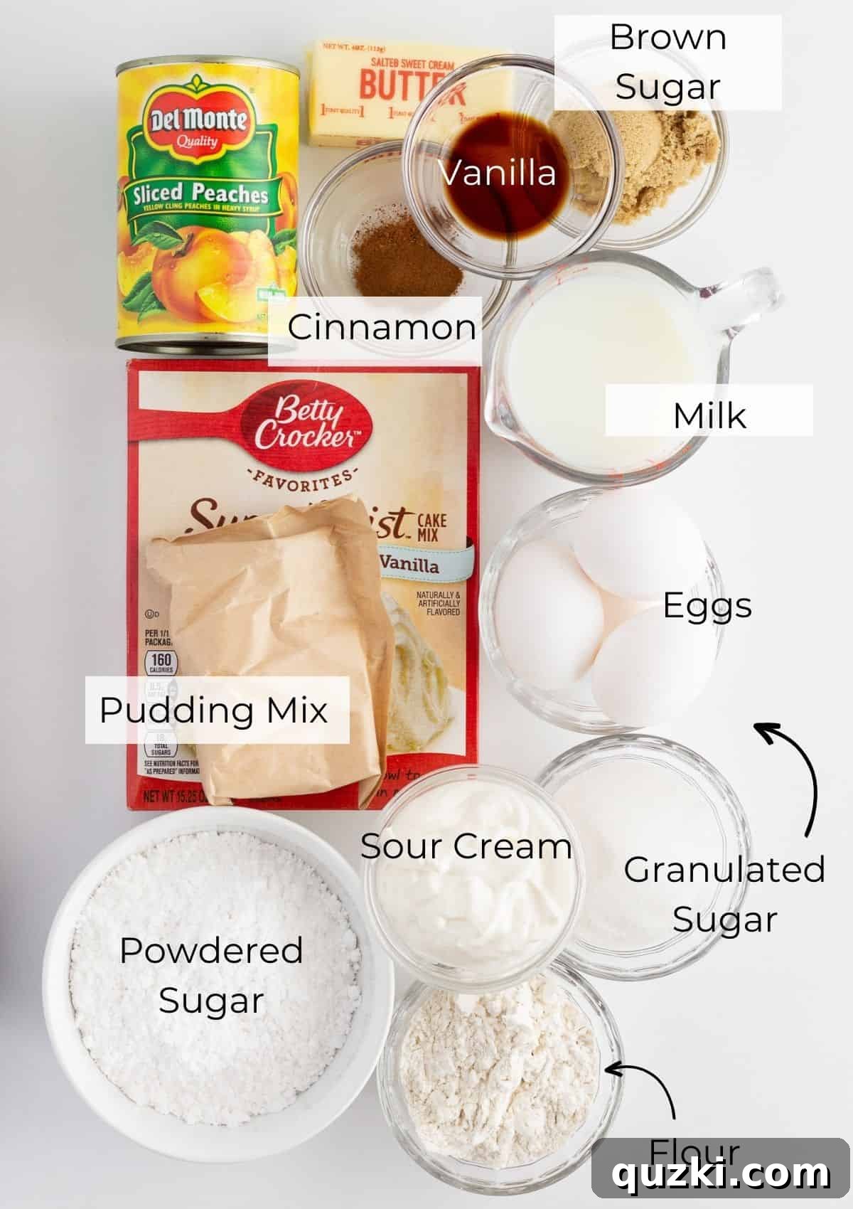 Luscious Peach Cobbler Pound Cake 3 A flat lay photograph showcasing all the essential ingredients neatly arranged for making a Peach Cobbler Bundt Cake, including canned peaches, butter, cake mix, and spices.
