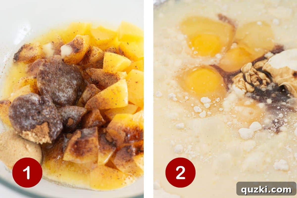 Luscious Peach Cobbler Pound Cake 4 Two images side-by-side demonstrating the initial steps of making peach cake: the left image shows the chopped peaches mixed with brown sugar, butter, and spices, while the right image displays the thick, smooth cake batter in a bowl.