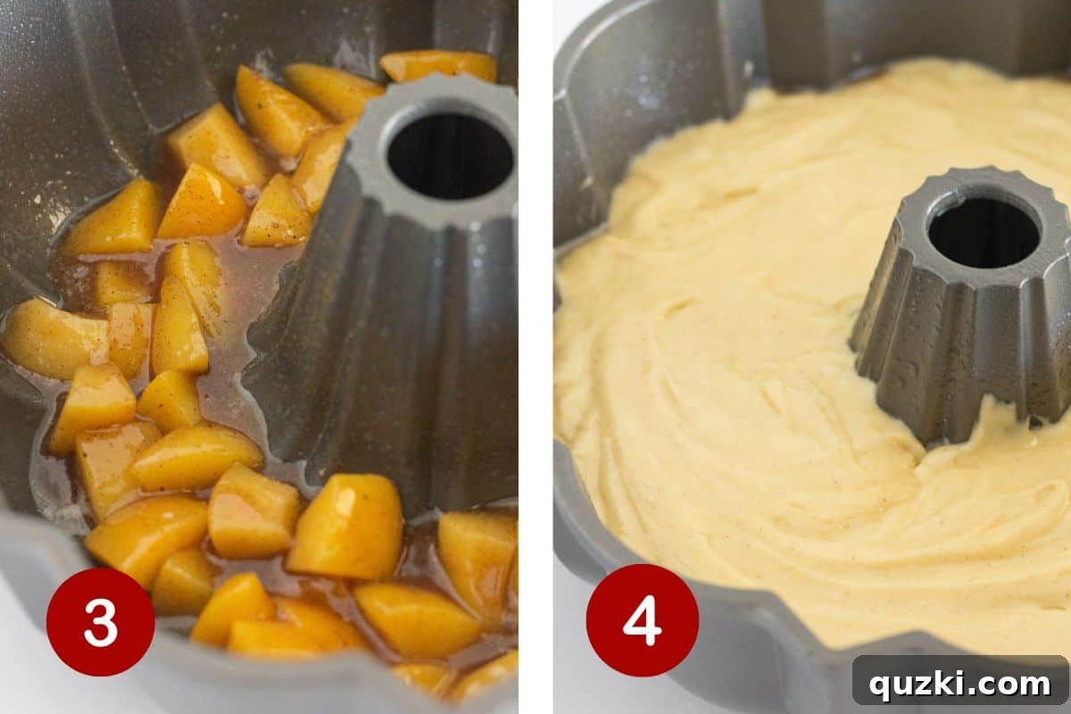 Luscious Peach Cobbler Pound Cake 5 Two images side-by-side showing the bundt cake preparation: the left image depicts the peach mixture being poured into a greased bundt pan, and the right image shows the cake batter gently spread over the peaches, ready for baking.