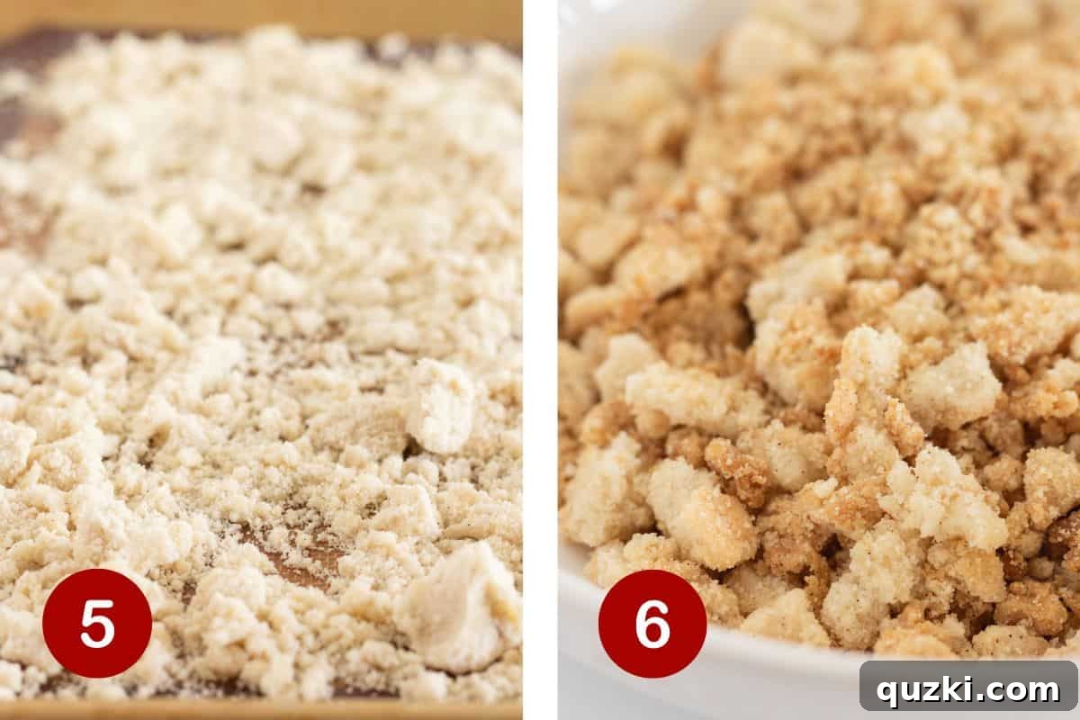 Luscious Peach Cobbler Pound Cake 6 Two images side-by-side illustrating the crumb topping process: the left image shows the flour, sugar, and butter being mixed into a crumbly texture, and the right image displays the golden-brown baked crumb mixture on a baking sheet.