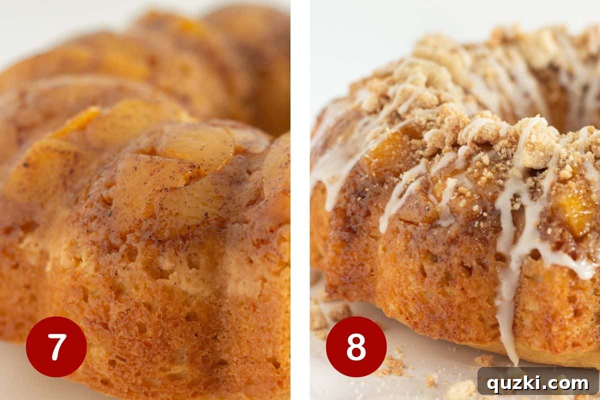 Luscious Peach Cobbler Pound Cake 7 Two images side-by-side demonstrating the final steps of making peach cobbler cake: the left image shows the cooled bundt cake being carefully inverted onto a serving plate, and the right image captures the assembled cake with crumb topping and a sweet peach glaze drizzled over.