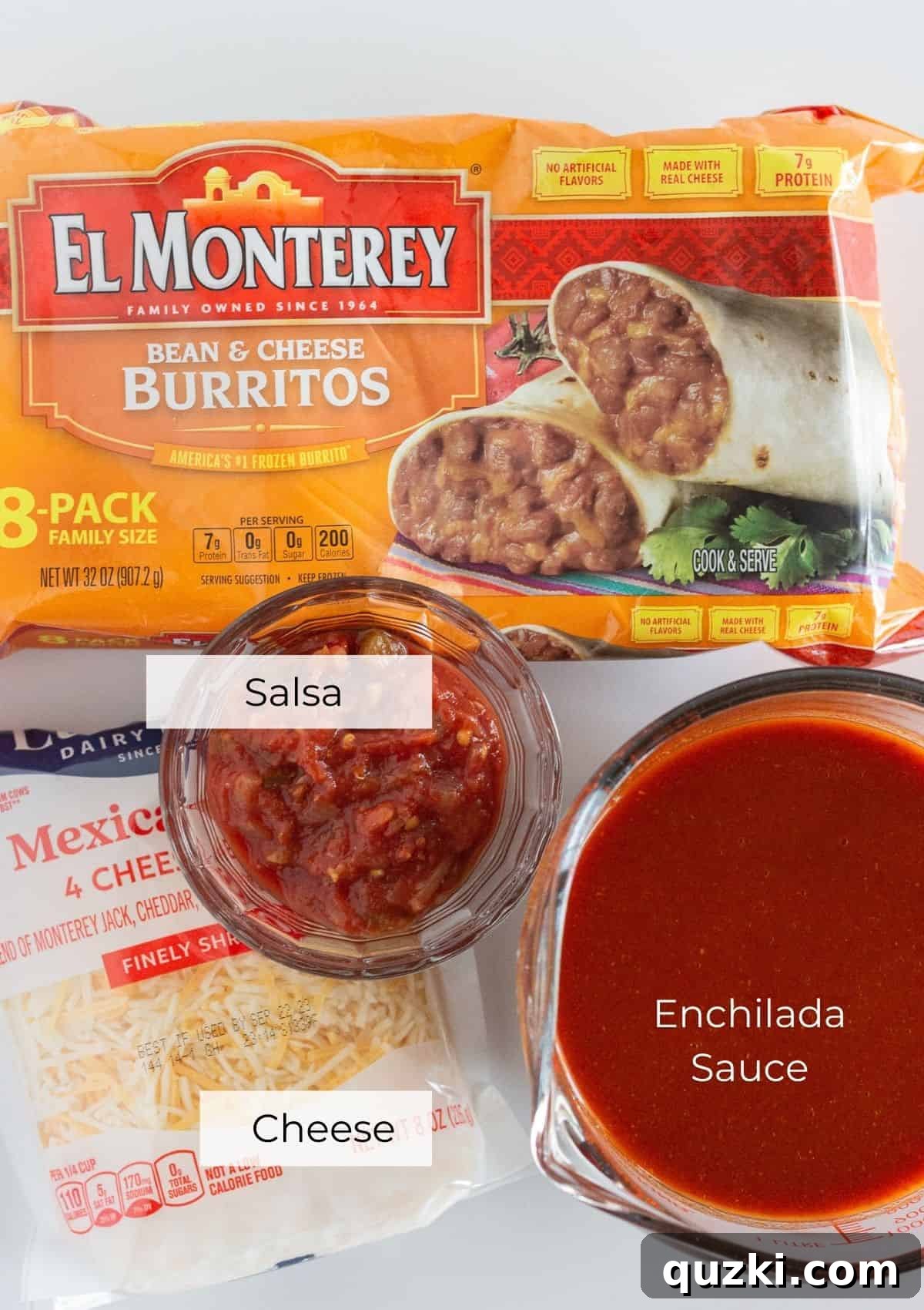 Frozen Burrito Fiesta Bake 3 A flat lay of ingredients needed to make frozen burrito casserole, including a stack of frozen burritos, a can of enchilada sauce, a jar of salsa, and a bag of shredded cheese.
