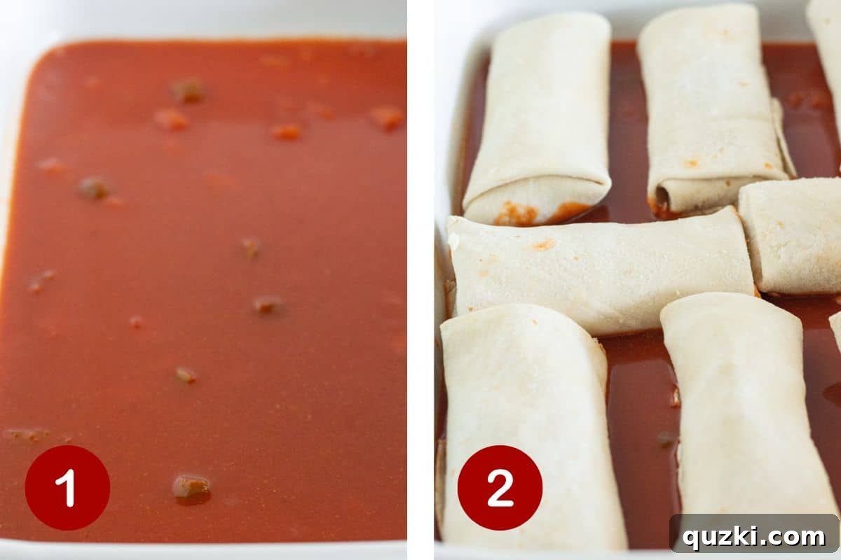 Frozen Burrito Fiesta Bake 4 Two images side-by-side showing steps 1 and 2 of making frozen burrito casserole. The first shows pouring enchilada sauce and salsa into the bottom of a casserole dish. The second shows frozen burritos arranged in the dish on top of the sauce.