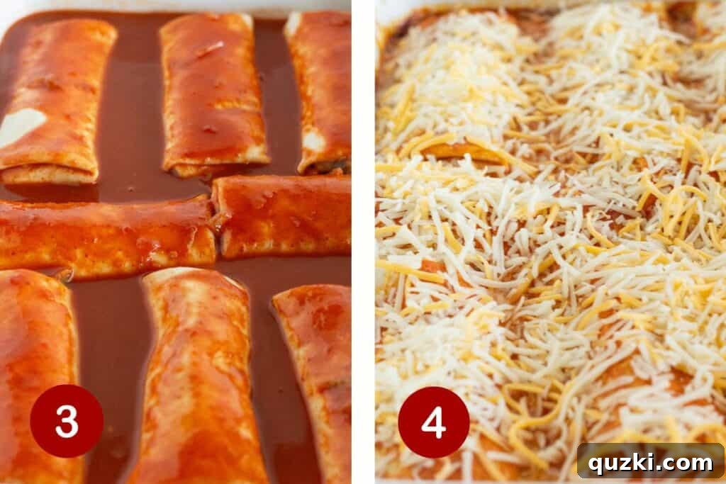 Frozen Burrito Fiesta Bake 5 Two images side-by-side showing steps 3 and 4 of making casserole with burritos. The first shows pouring the remaining enchilada sauce over the burritos. The second shows the baked casserole with melted cheese.