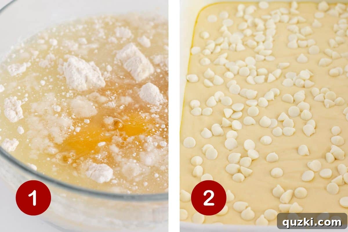 Effortless White Forest Indulgence 4 The process of preparing the white forest cake batter and adding it to a baking pan, followed by a sprinkle of white chocolate chips before baking.