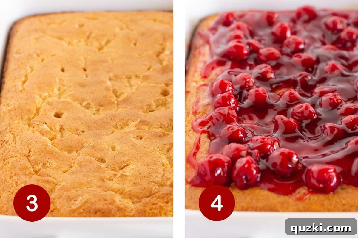 Effortless White Forest Indulgence 5 The baked white chocolate cake cooling in the pan, followed by the step of spreading cherry pie filling evenly over the cooled cake.