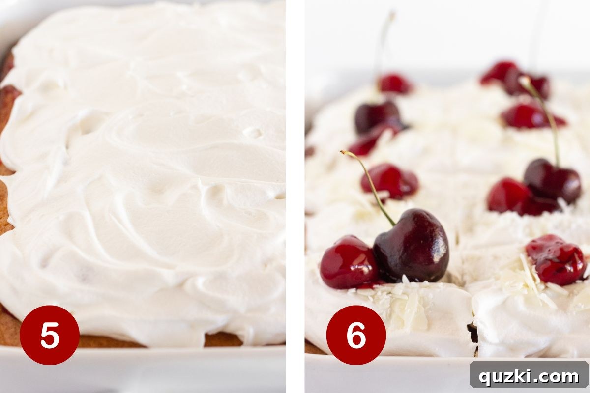 Effortless White Forest Indulgence 6 The final step of decorating the white forest cake, showing it topped with fluffy whipped cream, fresh cherries, and elegant white chocolate shavings.