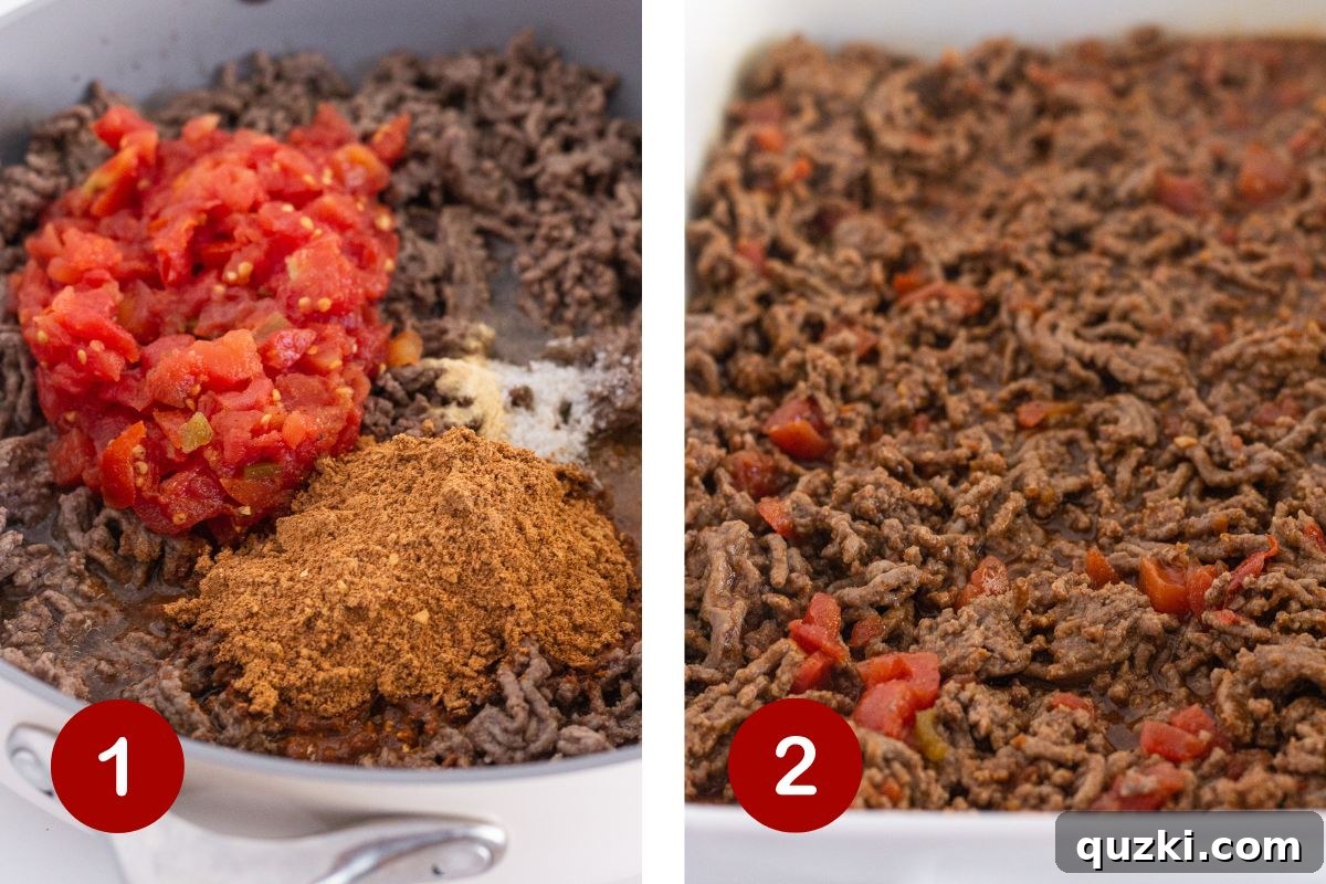 Image showing the first two steps: browning ground beef and mixing with Rotel and seasoning in a skillet, then pouring the seasoned beef into a baking dish.