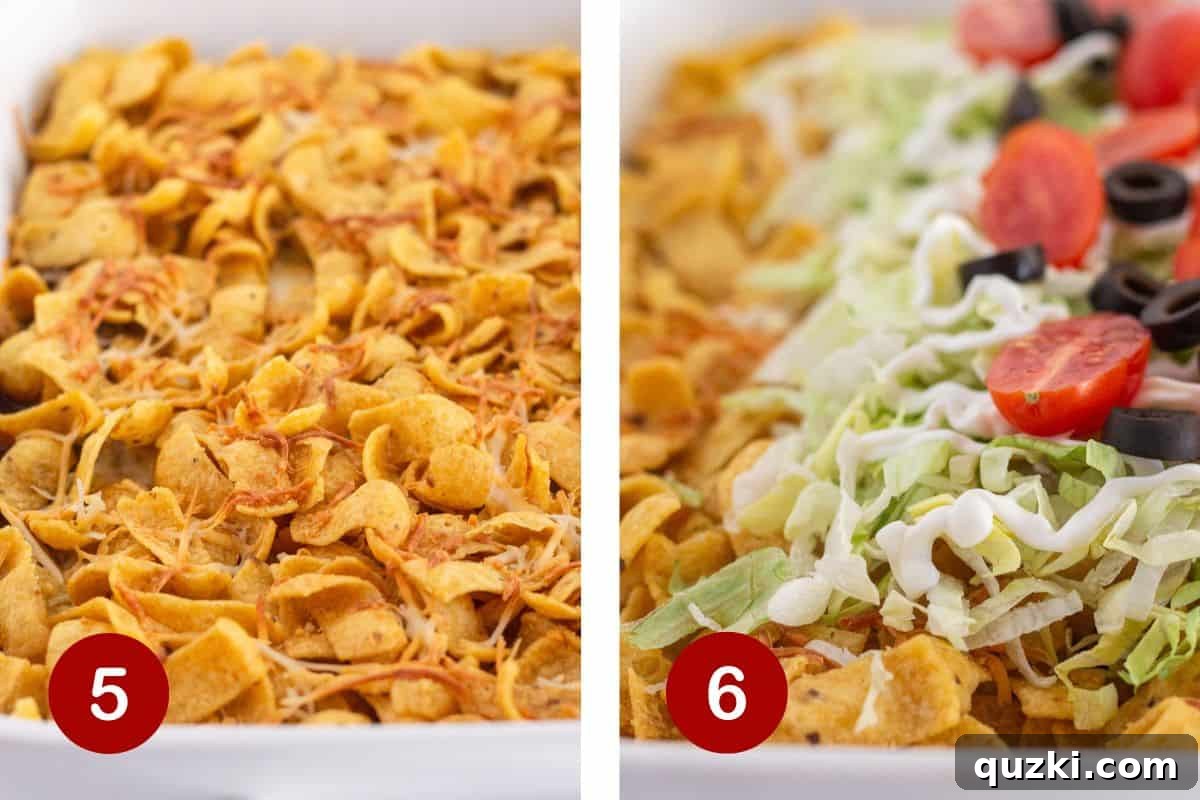 Image showing the baked casserole fresh from the oven, with bubbly cheese and golden chips, and then a serving suggestion with various taco toppings.
