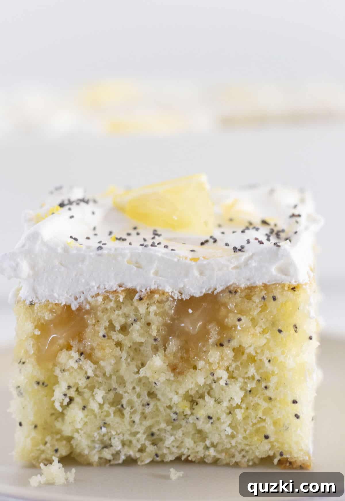 A beautifully presented slice of lemon curd cake on a plate, ready to be enjoyed. The cake layers are visible with a generous filling of lemon curd and a fluffy whipped cream topping.