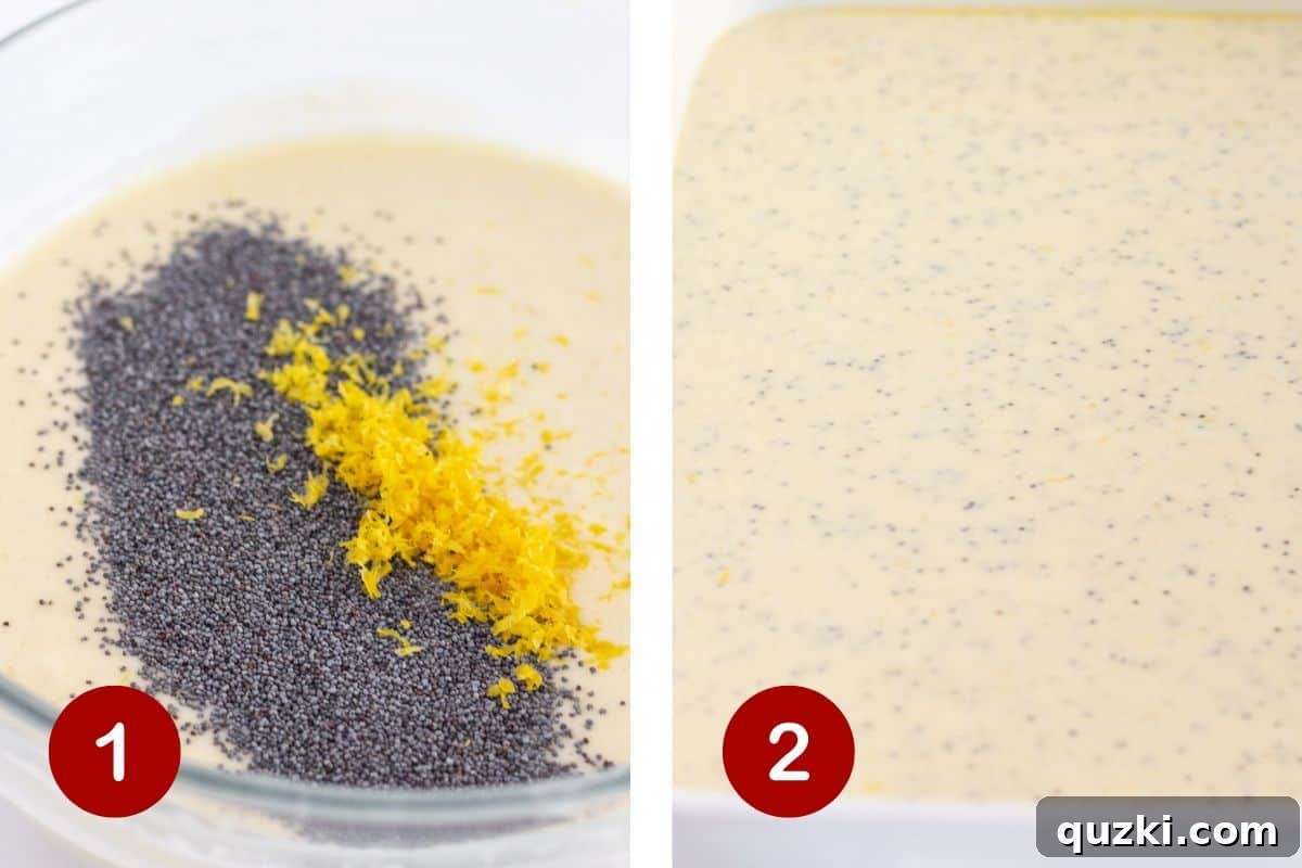 The first two steps of making a lemon curd cake: combining cake ingredients in a bowl and pouring the batter into a prepared baking pan.