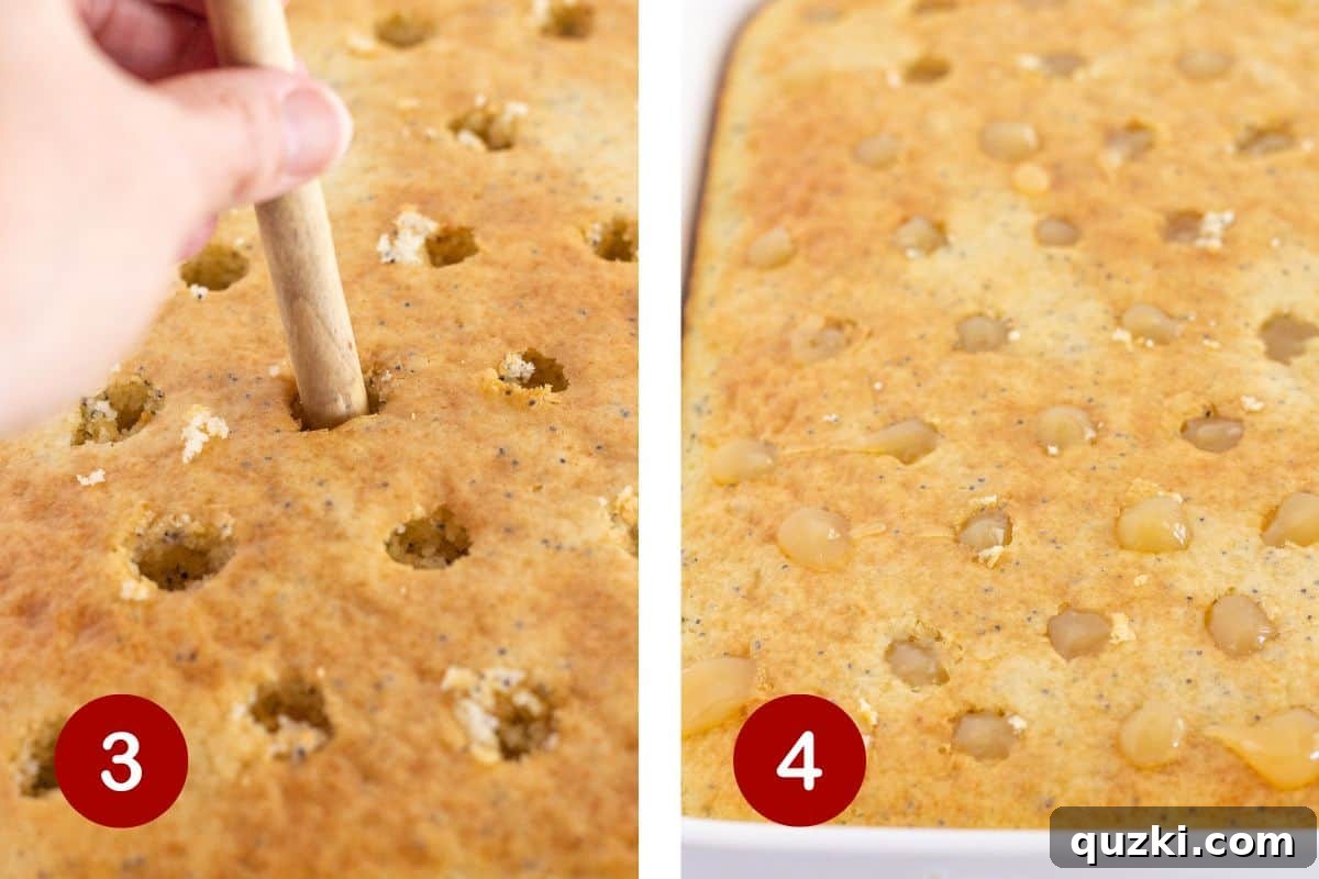 Steps 3 and 4 for making the lemon curd cake: poking holes into the cooled cake and then filling these holes with vibrant lemon curd.