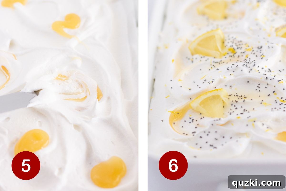 The final steps of preparing the lemon curd cake: applying the whipped topping, swirling in additional lemon curd, and garnishing with poppy seeds and lemon slices for serving.