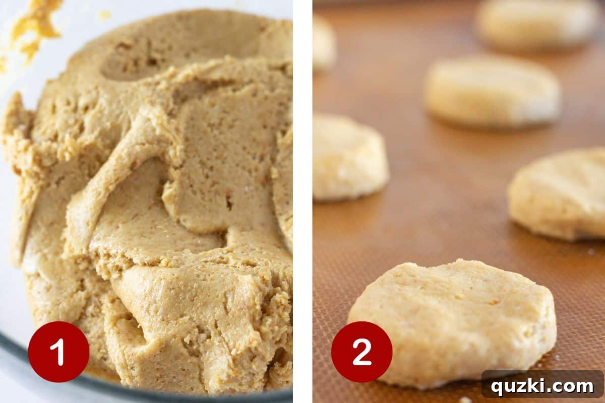Steps 1 and 2 of making strawberry cheesecake cookies. The first image shows the graham cracker cookie dough in a bowl, and the second shows the dough formed into round discs on a baking sheet.