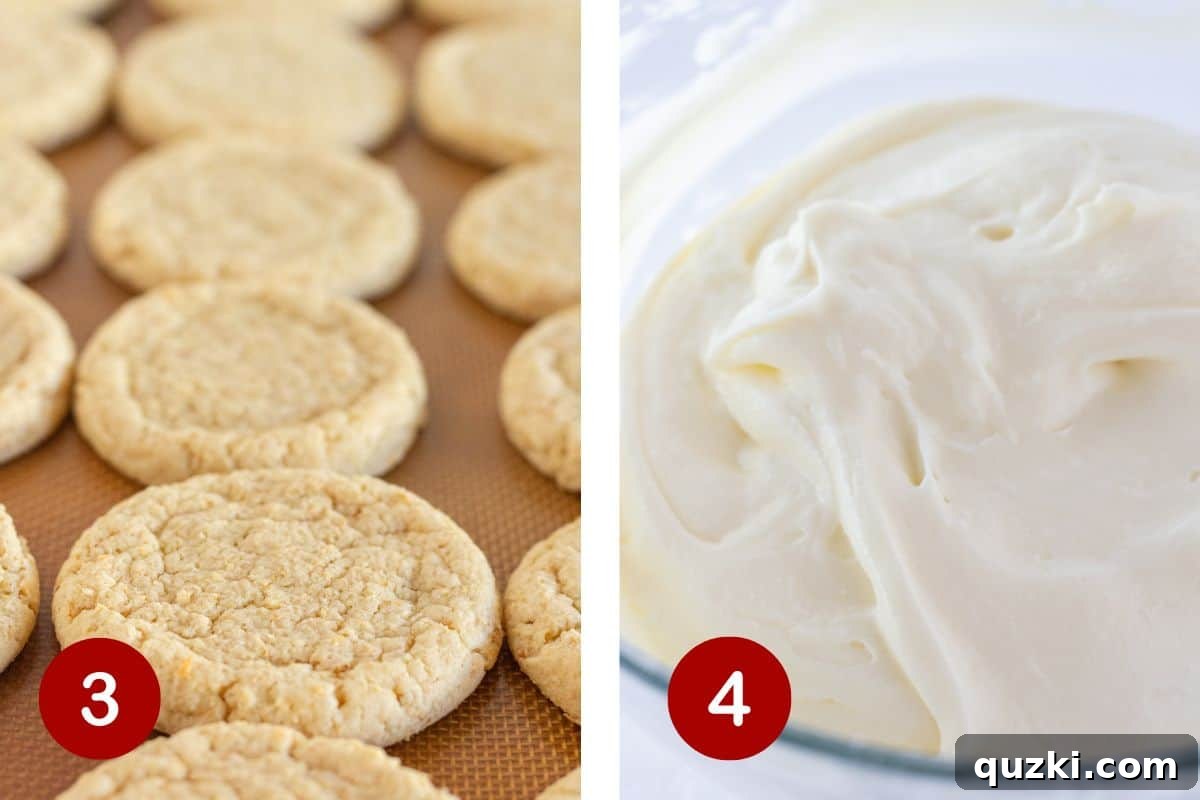 Steps 3 and 4 of making cheesecake cookie. The first image shows baked cookies cooling on a wire rack, and the second shows creamy cheesecake frosting being prepared in a mixing bowl.