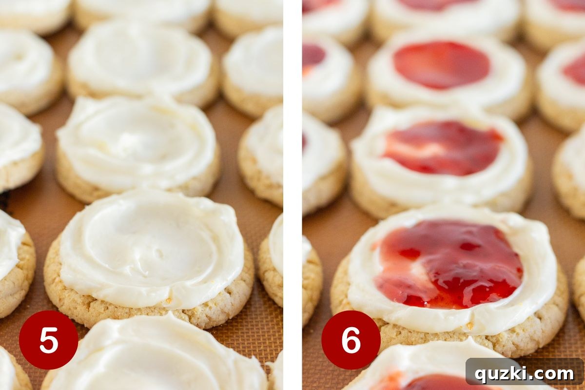 Steps 5 and 6 of making strawberry cheesecake cookies. The first image shows cookies being topped with creamy frosting, and the second shows the finished cookies with strawberry jam centers.