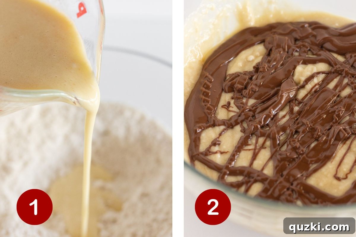 Steps 1 and 2 of making Nutella Muffins: 1) Combine wet and dry ingredients. 2) Drizzle Nutella over the batter.