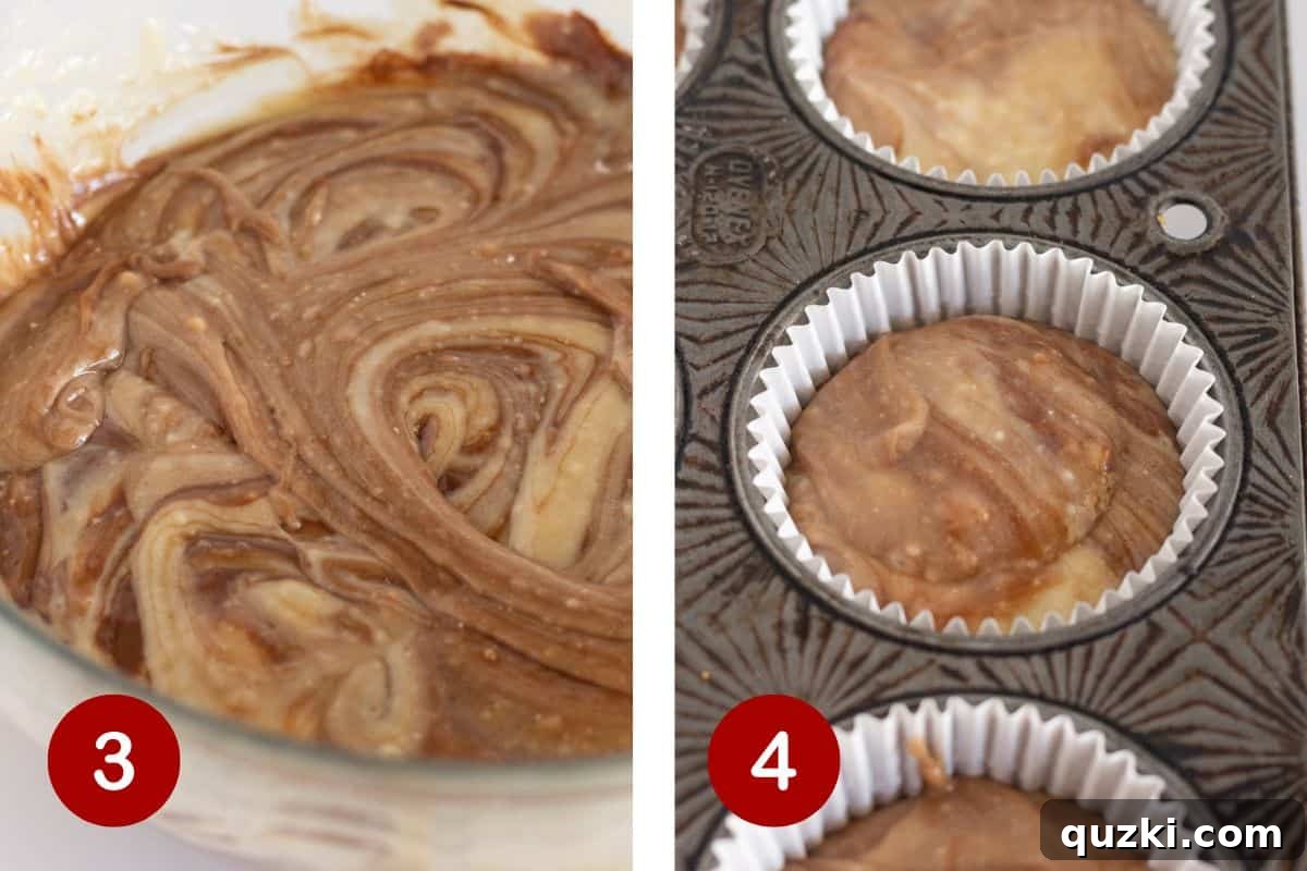 Steps 3 and 4 of making Nutella Muffins: 3) Gently fold hazelnut spread into batter. 4) Scoop batter into muffin pan.