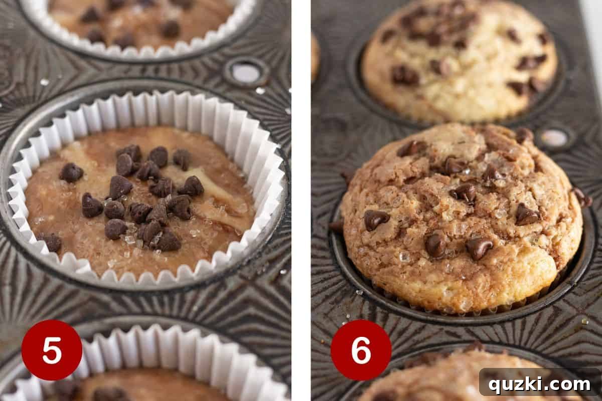Steps 5 and 6 of making Nutella Muffins: 5) Top with mini chocolate chips and sanding sugar. 6) Bake until golden and fluffy.