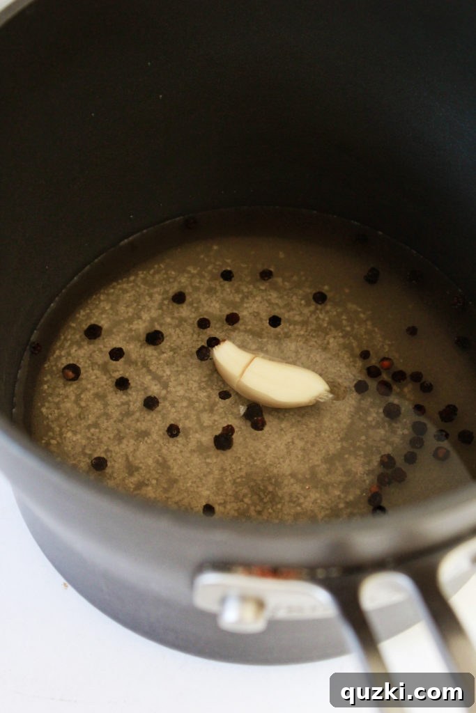Tangy Shallot Gems 3 Pickling liquid ingredients simmering in a saucepan