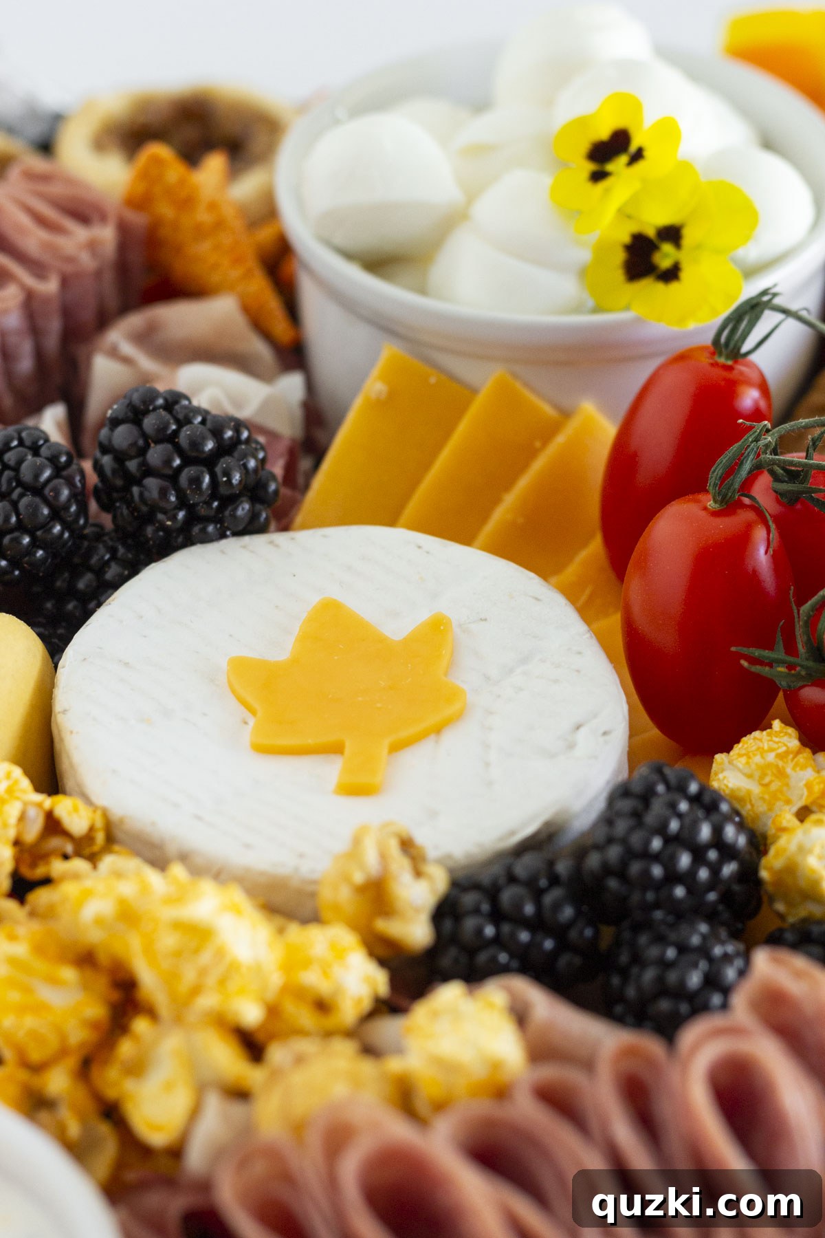 A fall charcuterie board with cheese, fruit, vegetables, meat, and sweets, arranged on a rustic wooden surface.