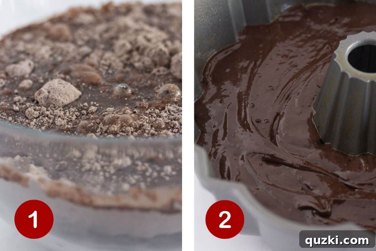 Steps 1 and 2 of making a black velvet cake: 1, make the cake batter. 2, add the batter to prepared pan.