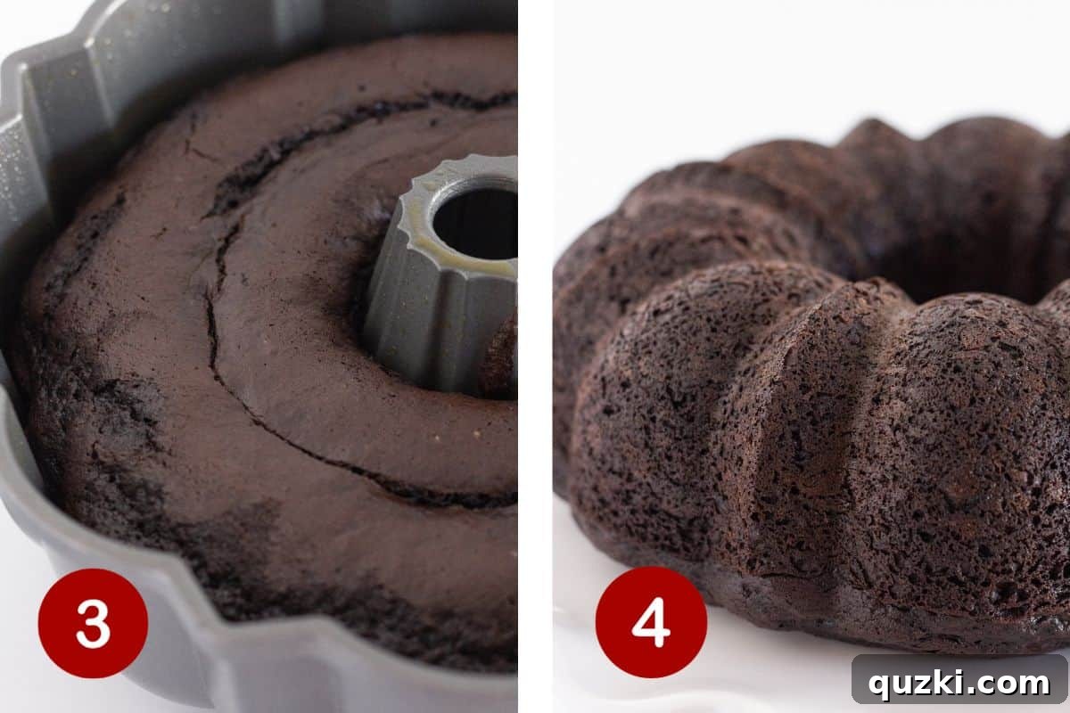 Steps 3 and 4 of making a black velvet cake: 3, bake cake. 4, cool cake and invert onto a cake plates.