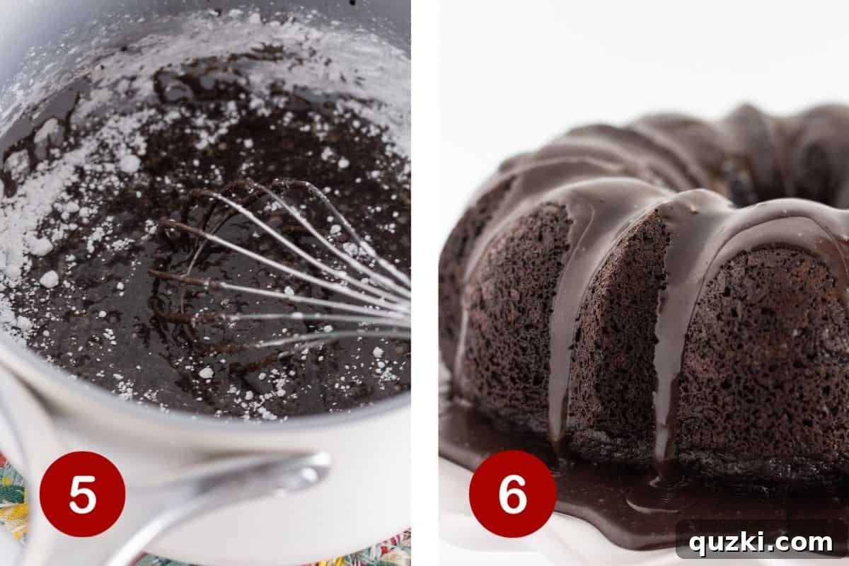 Steps 5 and 6 of making a black velvet cake: 5, make the frosting. 6, pour frosting over cake.