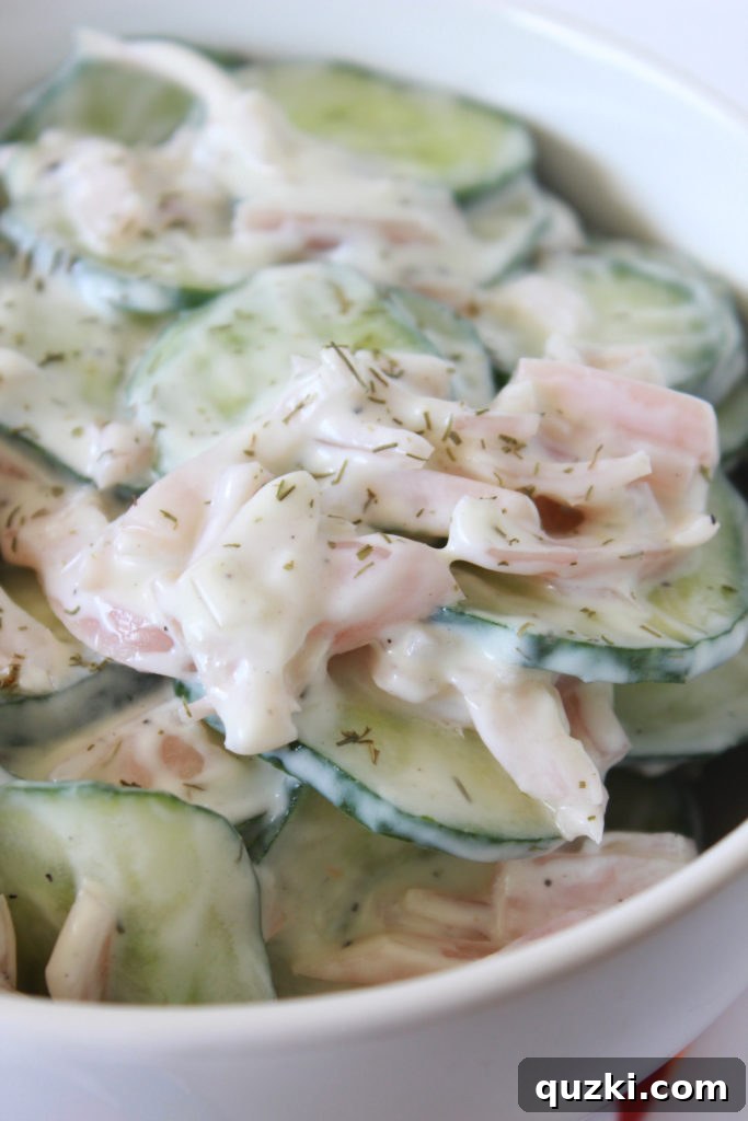 The finished cucumber and pickled shallot salad, tossed in a creamy dill dressing and ready to serve.