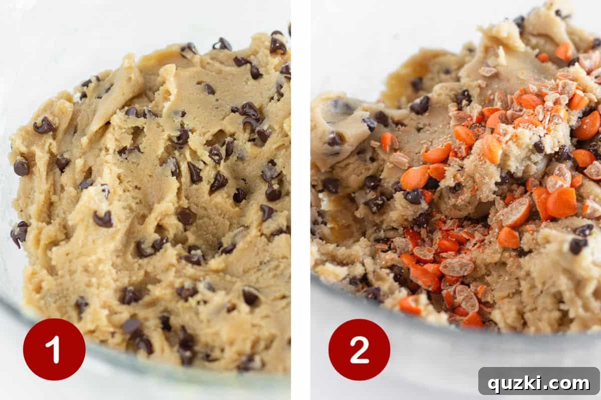 Two sequential images showing the process of making Halloween chocolate chip cookie dough: first, mixing the dough by hand, and second, folding in the chopped orange candies.