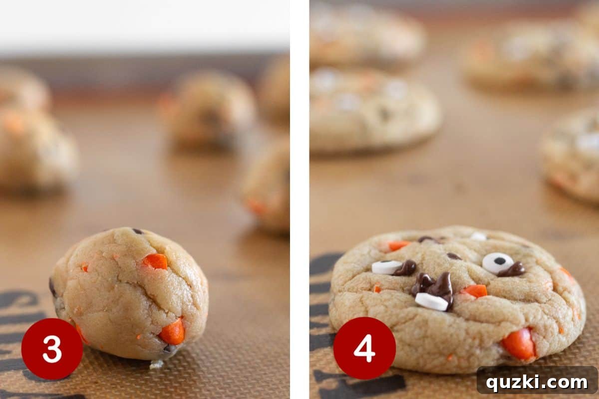 A sequence of baking steps: scooping cookie dough onto a baking sheet, the cookies baking to golden perfection, and finally, adding edible eyeballs to the warm cookies.