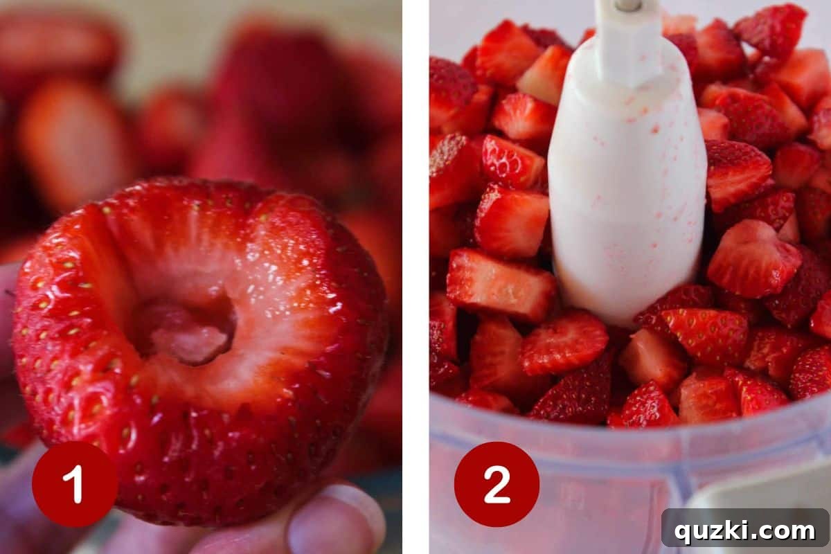 Simple Pectin-Free Homemade Strawberry Jam 4 Hulling the strawberries and breaking them down in a food processor.