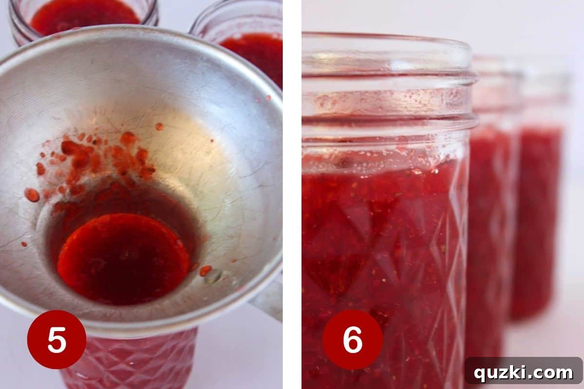 Simple Pectin-Free Homemade Strawberry Jam 6 Ladling jam into jars and letting the jam cool before adding lids.