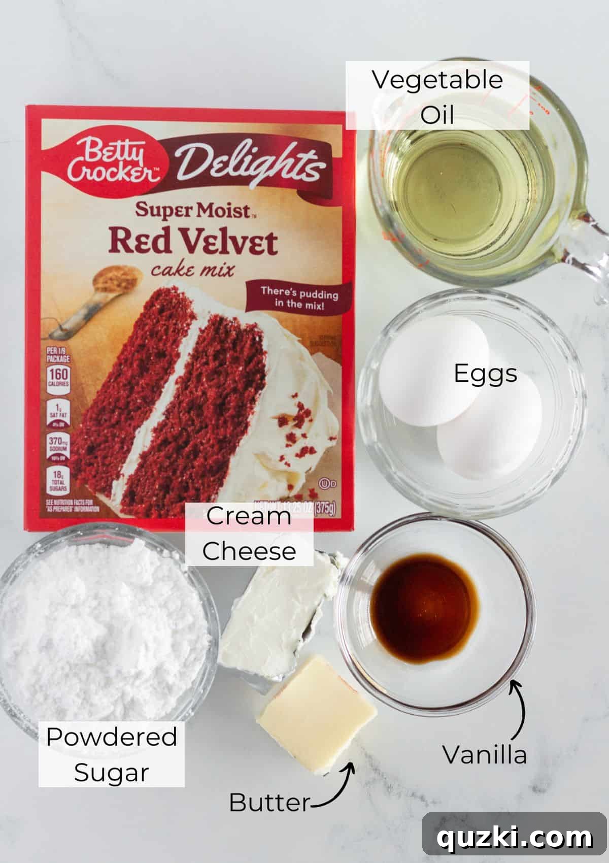 Ingredients needed to make red velvet brownies.