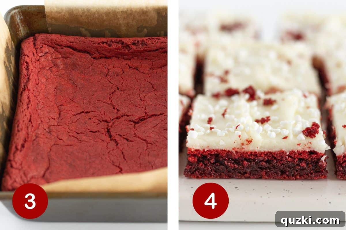 Baking, frosting and cutting the red velvet brownies with cream cheese frosting.
