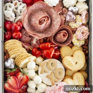 Looking down at a beautiful Valentine's Day Charcuterie Board with a focus on its diverse contents.